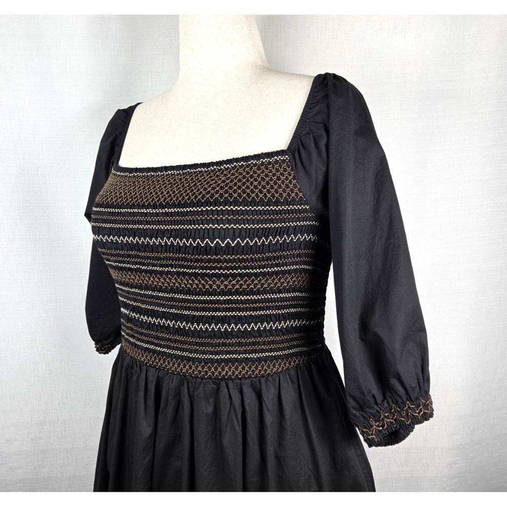 Milkmaid Black Maxi Dress L Smocked Embroidered Cottagecore Peasant Puff Sleeve - Picture 12 of 16